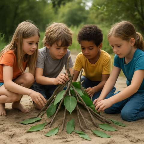 Iets maken van zand, bladeren en takken